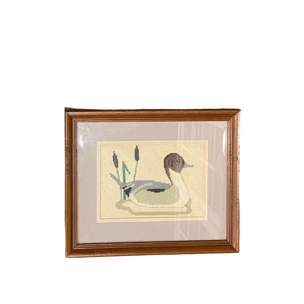 Vintage Embroidered Duck Framed in Wooden Frame